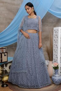 Grey Thread embroidered with stone pasting Net Lehenga Choli