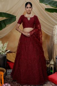 Maroon Thread embroidered with stone pasting Net Lehenga Choli