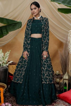 Green Thread with sequince Embroidered Chinon Lehenga Choli