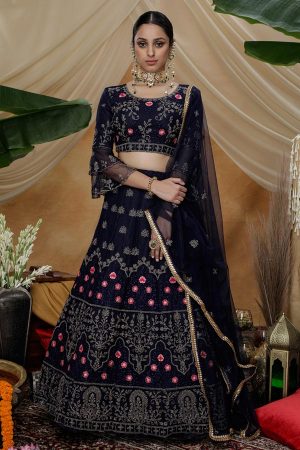 Navy Multi Thread with coding embroidered work Net Lehenga Choli