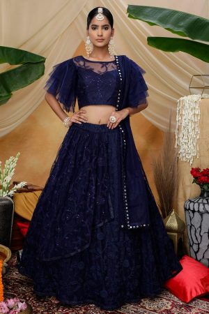 Navy Thread with sequince embroidered work Net Lehenga Choli