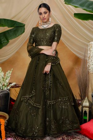 Olive Thread with sequince embroidered work Net Lehenga Choli