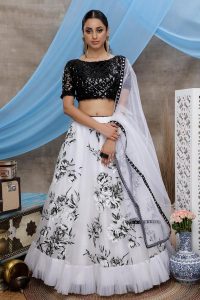 White Multi Color Block Print Soft Organza Lehenga Choli