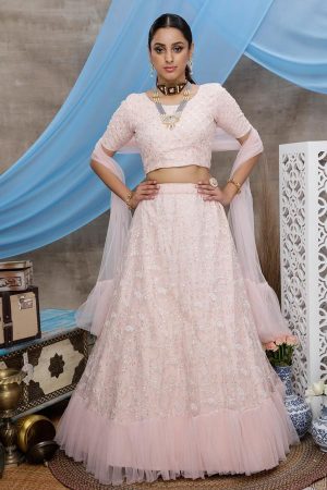 Peach Thread with Sequince Embroidered work Net Lehenga Choli