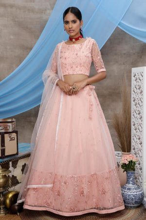 Peach Thread and sequince Embroidered with all over pearl rivet stud pasting Net Lehenga Choli