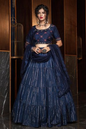 Navy Blue Jacquard Weaving Cotton Lehenga Choli