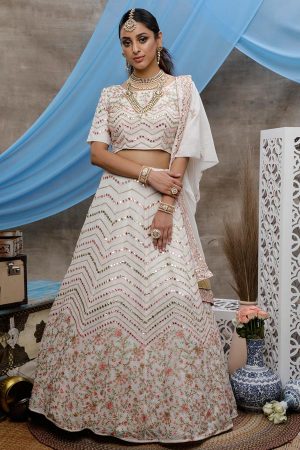 Pearl White Thread,sequince and gota patti embroidered work Georgette Lehenga Choli