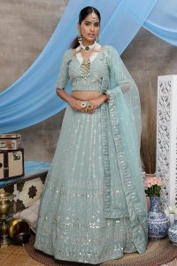 Dusty Green Thread,sequince and gota patti embroidered work Georgette Lehenga Choli