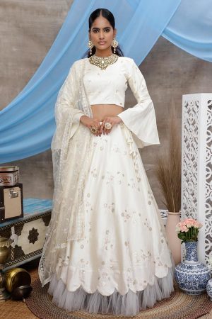 Pearl White Thread with Sequince Embroidered Work Art Silk Lehenga Choli