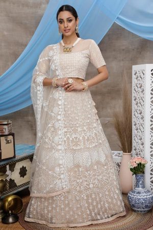 Beige Thread with Sequince Embroidered Work Net Lehenga Choli