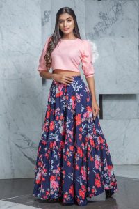 Navy Blue Printed Crepe Top & Skirt