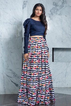 Multi Color Printed Crepe Top & Skirt