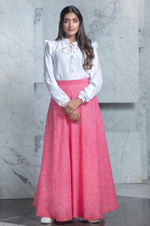 Pink Foil Printed Rayon Top & Skirt
