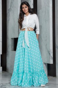 Sky Blue Printed Crepe Top & Skirt