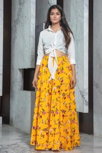 Yellow Printed Crepe Top & Skirt