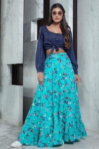 Rama Sky Printed Crepe Top & Skirt