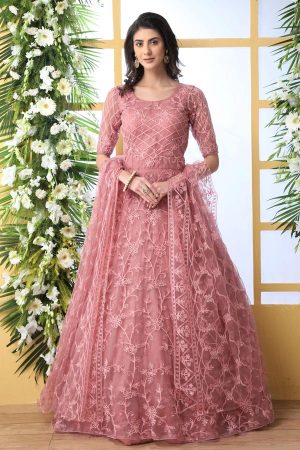 Dusty Peach Thread Embroidered work with stone pasting Net Anarkali Long Gown