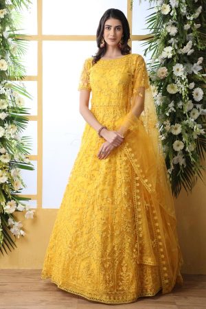Yellow Thread Embroidered work with stone pasting Net Anarkali Long Gown