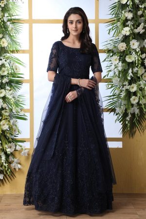 Navy Blue Thread Embroidered work with stone pasting Net Anarkali Long Gown