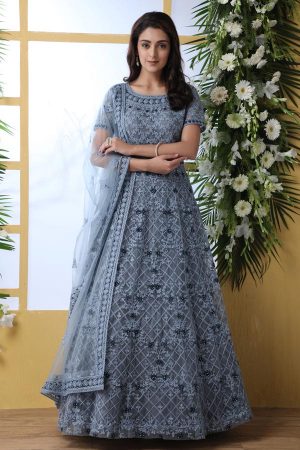 Grey Thread Embroidered work with stone pasting Net Anarkali Long Gown