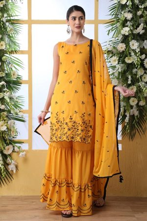 Mustard Yellow Thread with sequence embroidered work Soft Cotton Salwar Suit