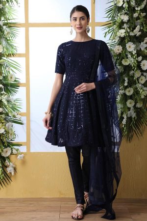 Navy Blue Thread and Sequence Embroidered work Georgette Salwar Suit