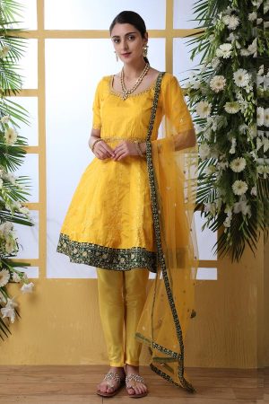 Mustard Yellow Thread and Sequence Embroidered work Art Silk Salwar Suit