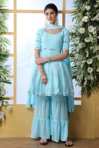 Sky Blue Thread and Sequence Embroidered work with mirror pasting Georgette Salwar Suit