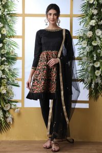 Black Thread and Sequence Embroidered work Art Silk Salwar Suit