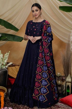 Navy Blue Multi Thread withs equince embroidered Silk Anarkali