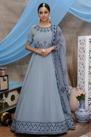 Grey Thread Embroidered with Stone Pasting Diamond Georgette Anarkali