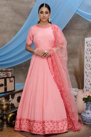 Pink Thread Embroidered with Stone Pasting Silk Anarkali