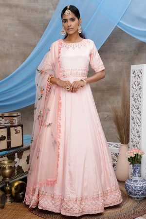 Peach Thread with Zari embroidered stone pasting Diamond Georgette Anarkali