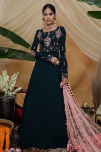 Dark Green Multi Thread withs equince embroidered Diamond Georgette Anarkali