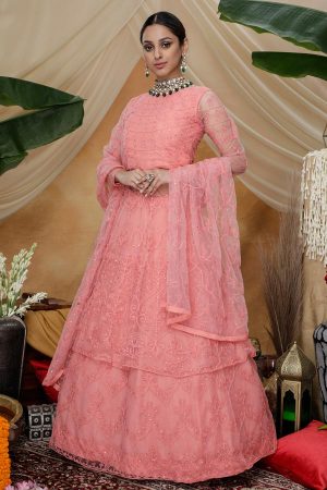 Pink Thread embroidered with stone pasting NET Lehenga Style Gown