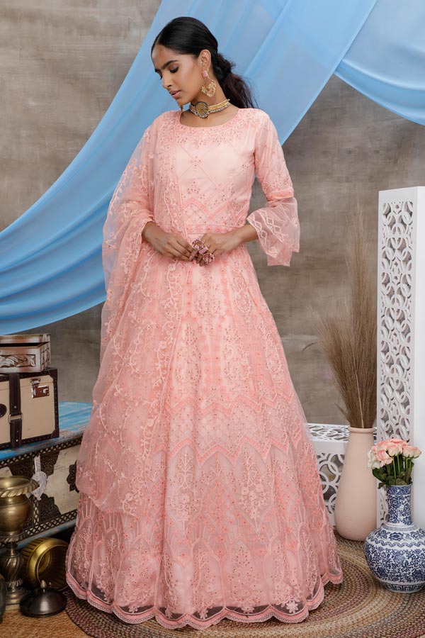 Buy Anarkali Gown Peach Round Neck Wedding Dresses Online for Women in  Malaysia