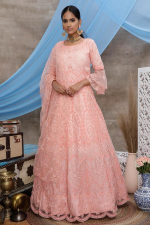 Peach Multi Thread embroidery with stone pasting NET Anarkali Long Gown