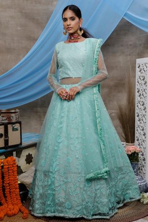 Mint Green Thread,sequince embroidered with stone pasting NET Lehenga Style Gown