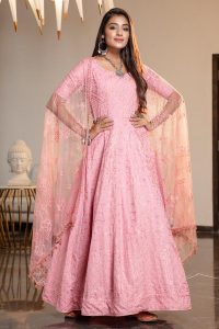 Pink Thread Embroidered with Stone Pasting Diamond Georgette Anarkali Long Gown