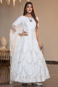 White Thread Embroidered with Stone Pasting Diamond Georgette Anarkali Long Gown
