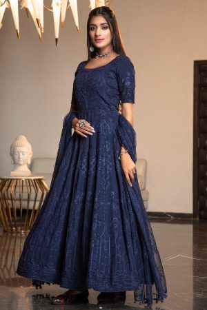 Navy Blue Thread Embroidered with Stone Pasting Diamond Georgette Anarkali Long Gown