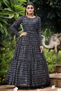 Navy Blue Foil Printed Work Gerorgette Anarkali Long Gown