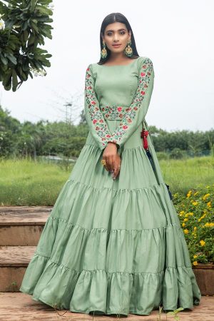 Pista Green Thread with sequince embroidered Cotton Anarkali Long Gown