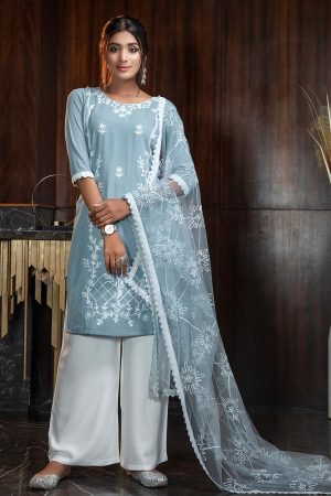 Sky Thread Embroidered work Diamond Georgette Salwar Suit