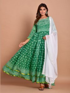 Green Bandhej Cotton Kurta Sets