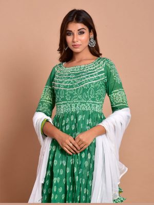 Green Bandhej Cotton Kurta Sets