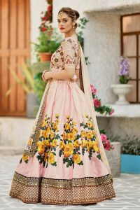 Peach Embroidered Silk Velvet Festive Semi Stitched Lehenga