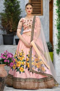 Peach Embroidered Silk Velvet Festive Semi Stitched Lehenga