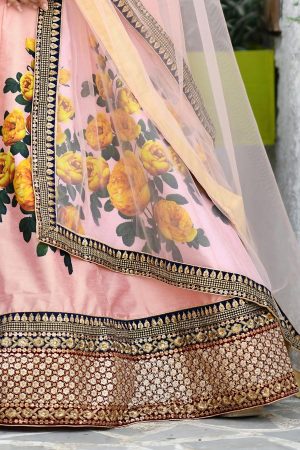 Peach Embroidered Silk Velvet Festive Semi Stitched Lehenga