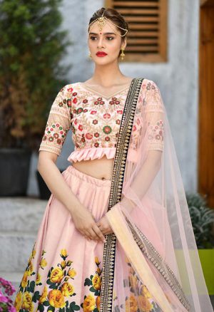 Peach Embroidered Silk Velvet Festive Semi Stitched Lehenga